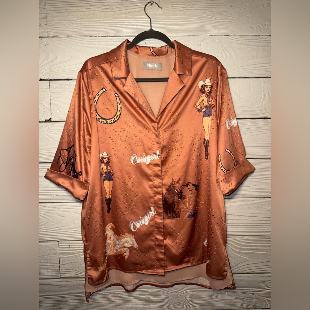 Cowgirl Print Satin Button Down Shirt
